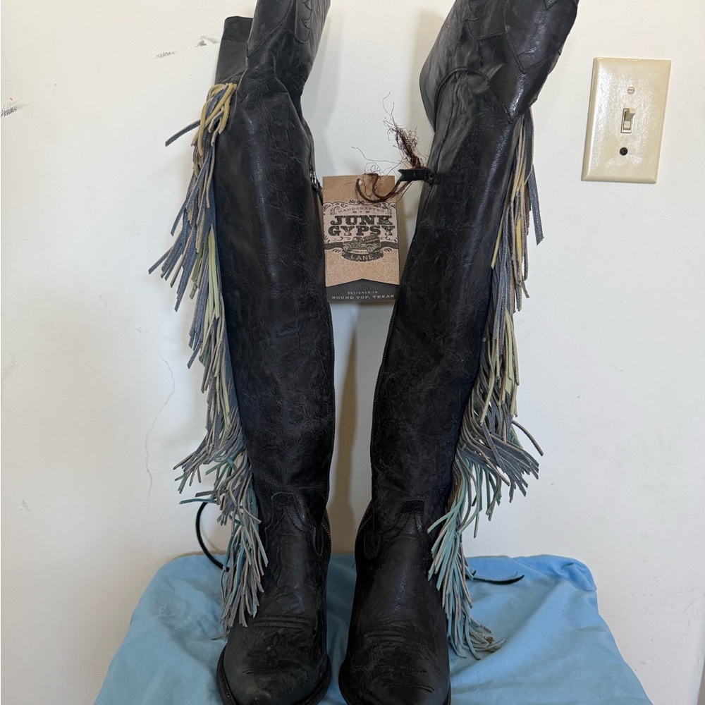 Black Fringe Knee-High Boots with Multicolor Accents
